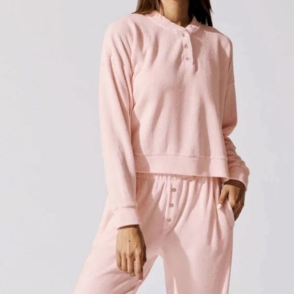 Donni x Stoney Clover Lane Heart Button Sunset Pink Terry Cloth Pullover Sz S - Picture 2 of 9